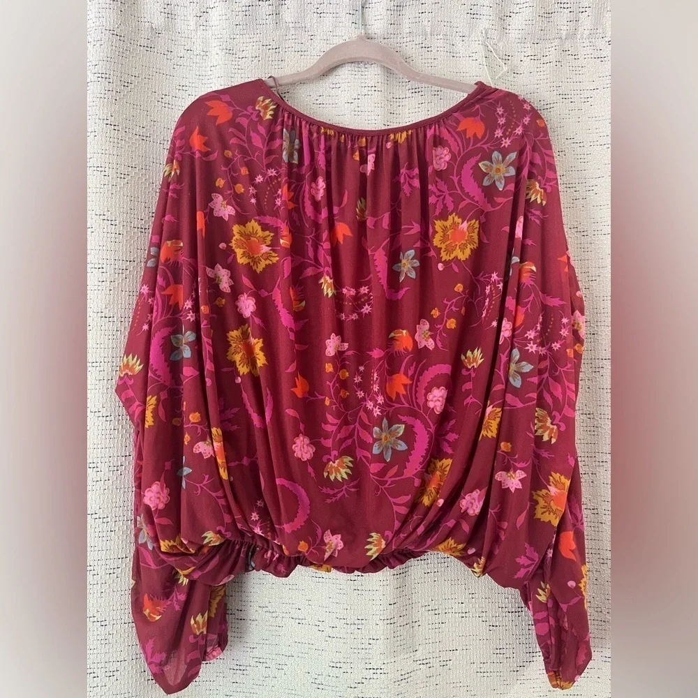 Free People Burgundy M Floral Wildflower Honey Peasant Blouse NWT